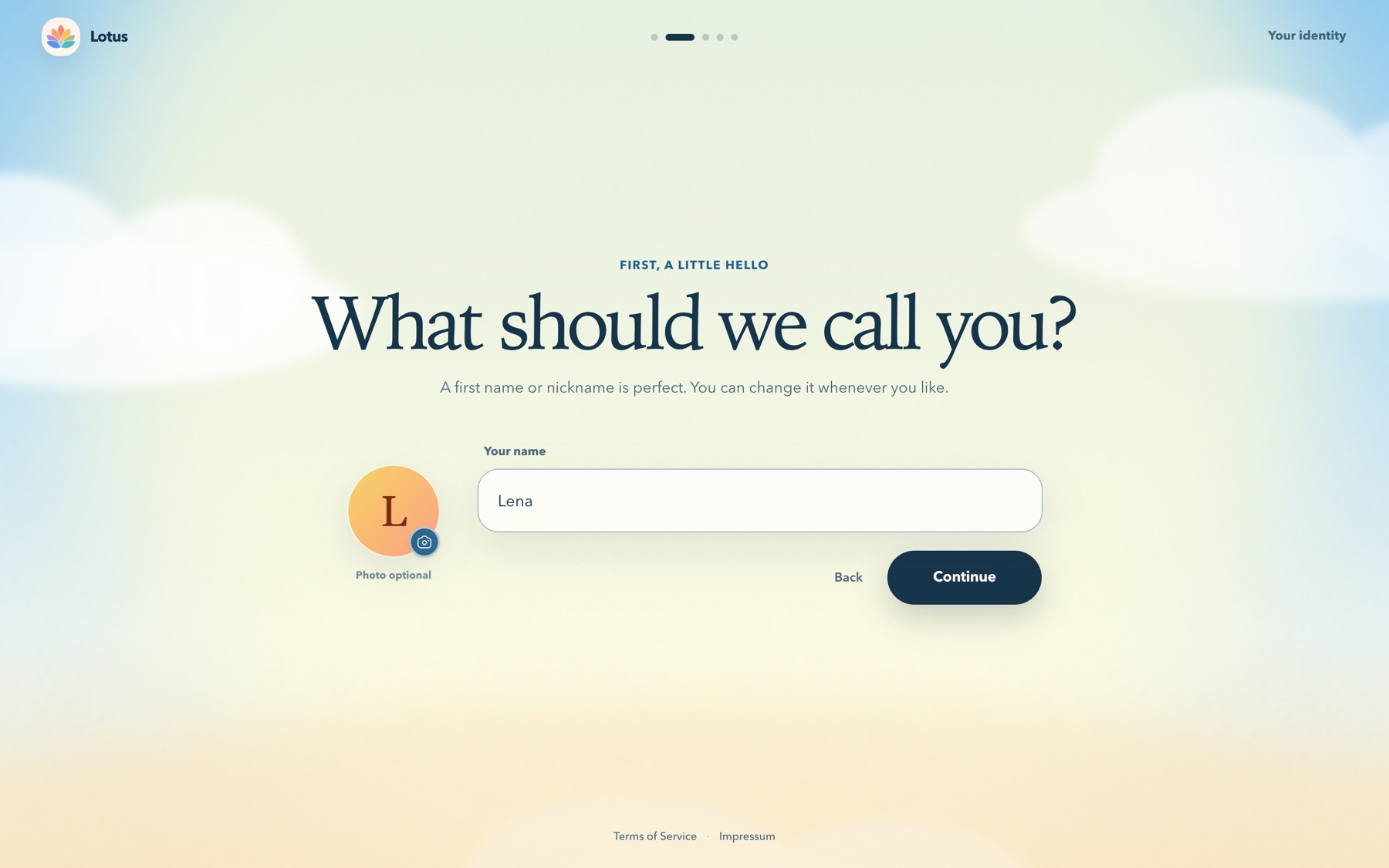 An onboarding screen asking What should we call you, with the name Lena typed in.