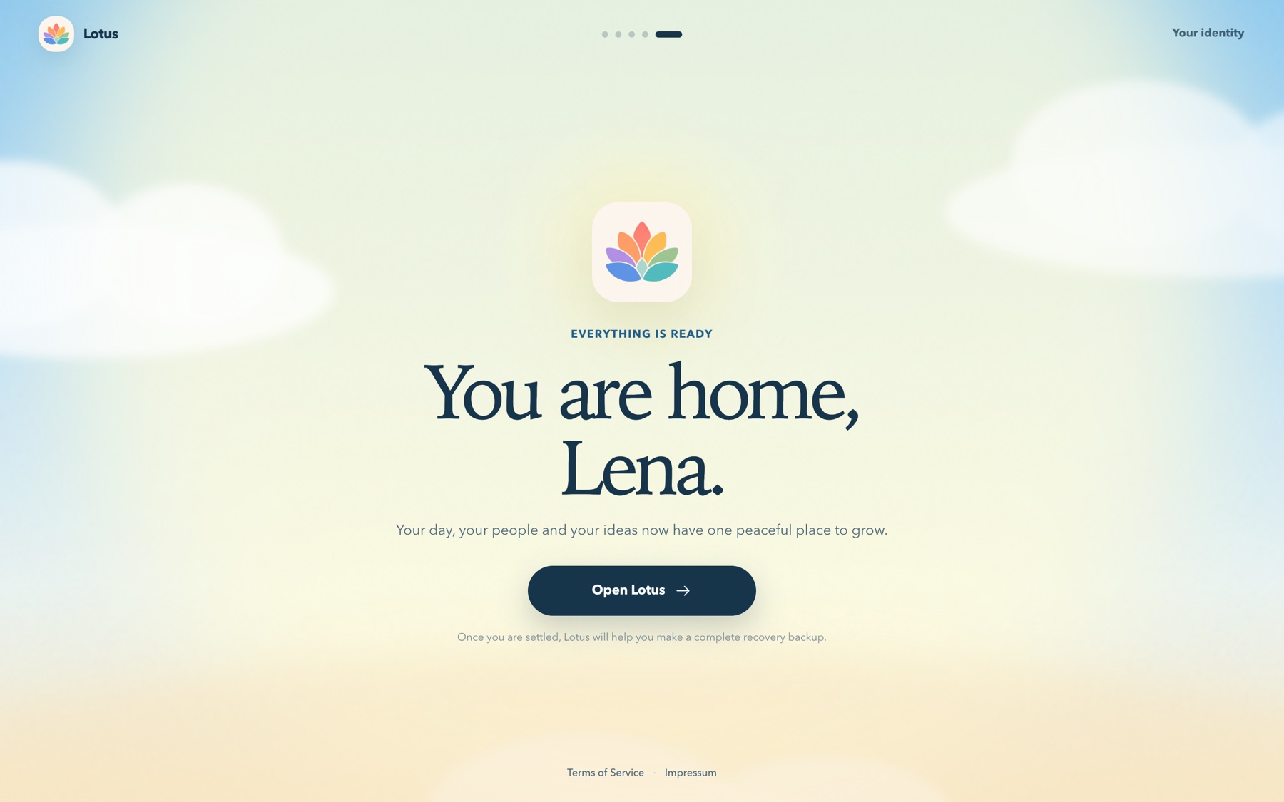 The final onboarding screen reading You are home, Lena.