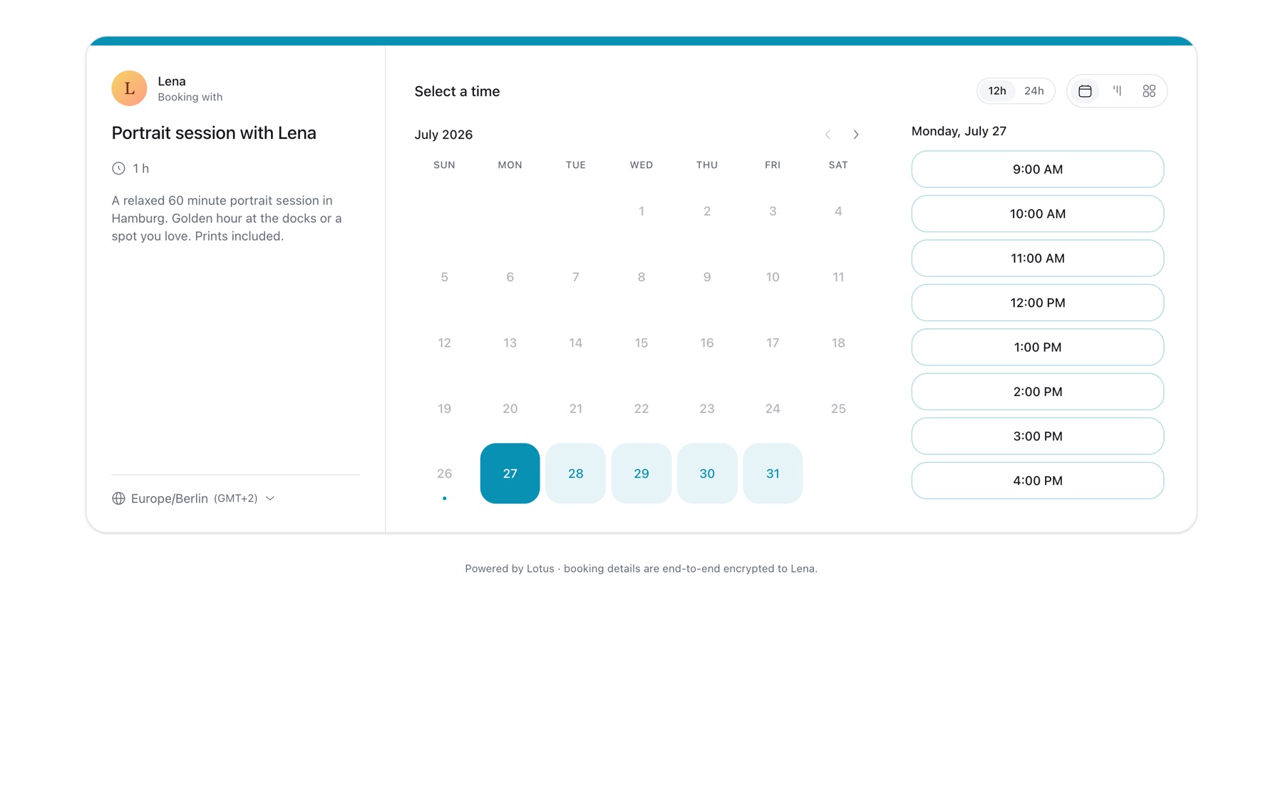 A public Lotus booking page for a portrait session with Lena, showing a calendar, time slots and a footer noting the booking details are end-to-end encrypted to Lena.
