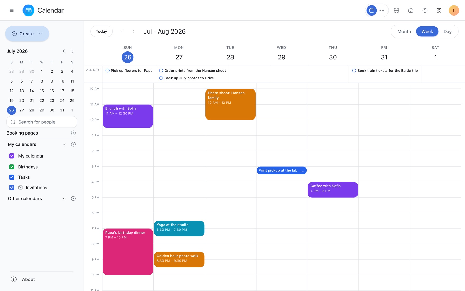 A colorful week view in Lotus Calendar showing brunch with Sofia, a Hansen family photo shoot, a print pickup, coffee with Sofia, Papa's birthday dinner, yoga and a golden hour photo walk.