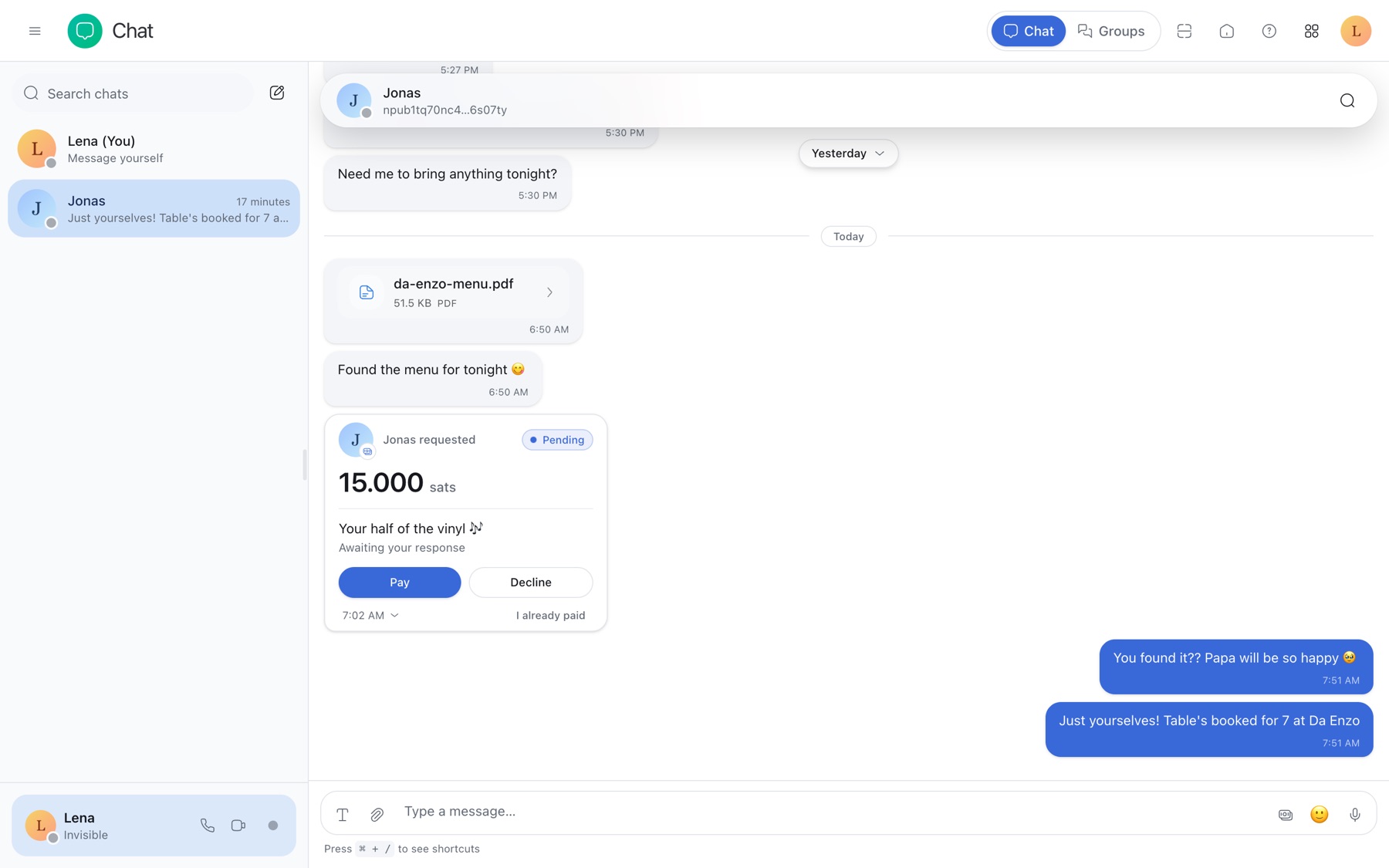 A desktop chat with Jonas showing a shared file card for da-enzo-menu.pdf, a payment request card for 15,000 sats for half of a vinyl record with Pay and Decline buttons, and Lena's replies.