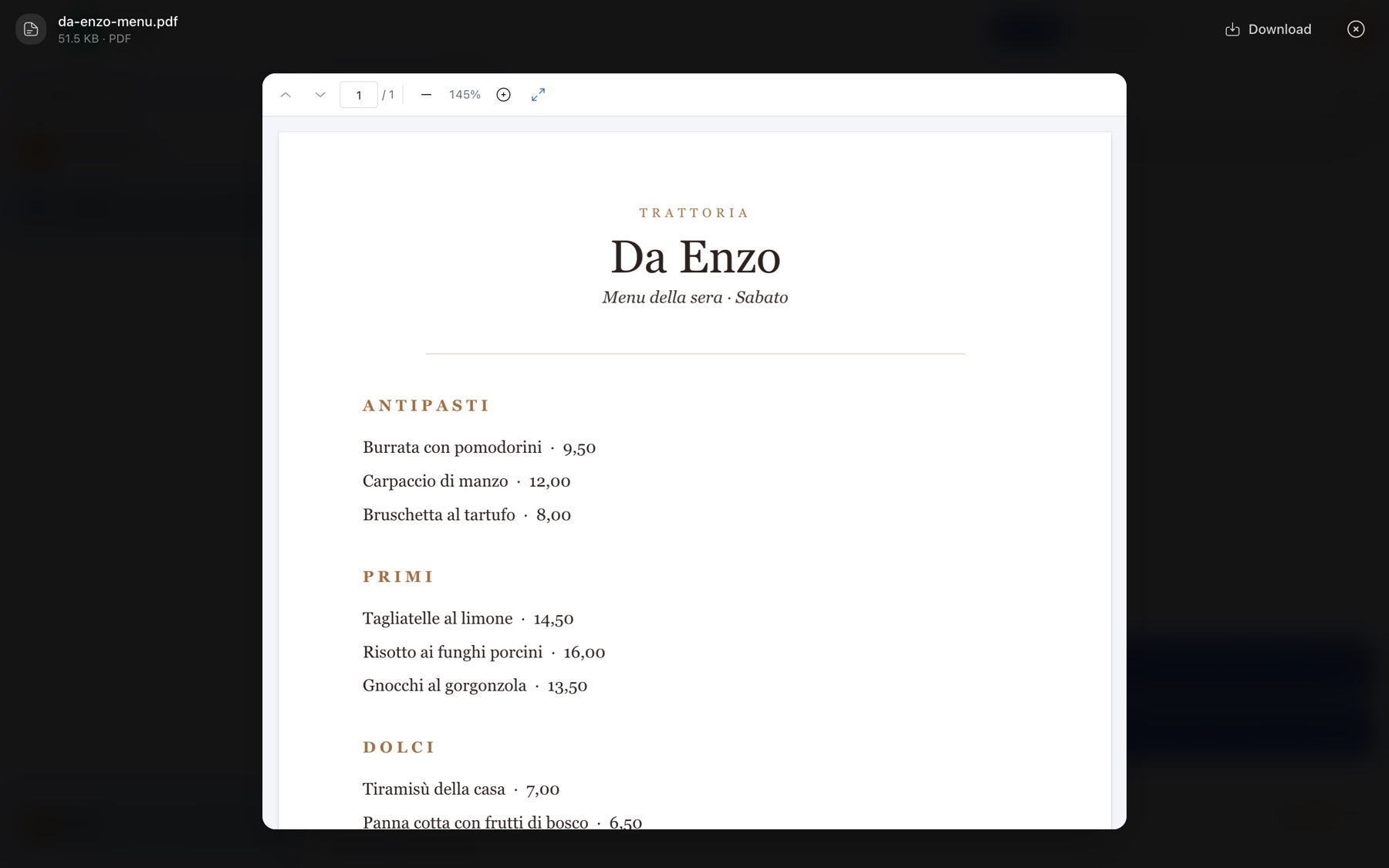 The da-enzo-menu.pdf file opened inside Lotus's own viewer, with the chat dimmed behind it and a Download button.
