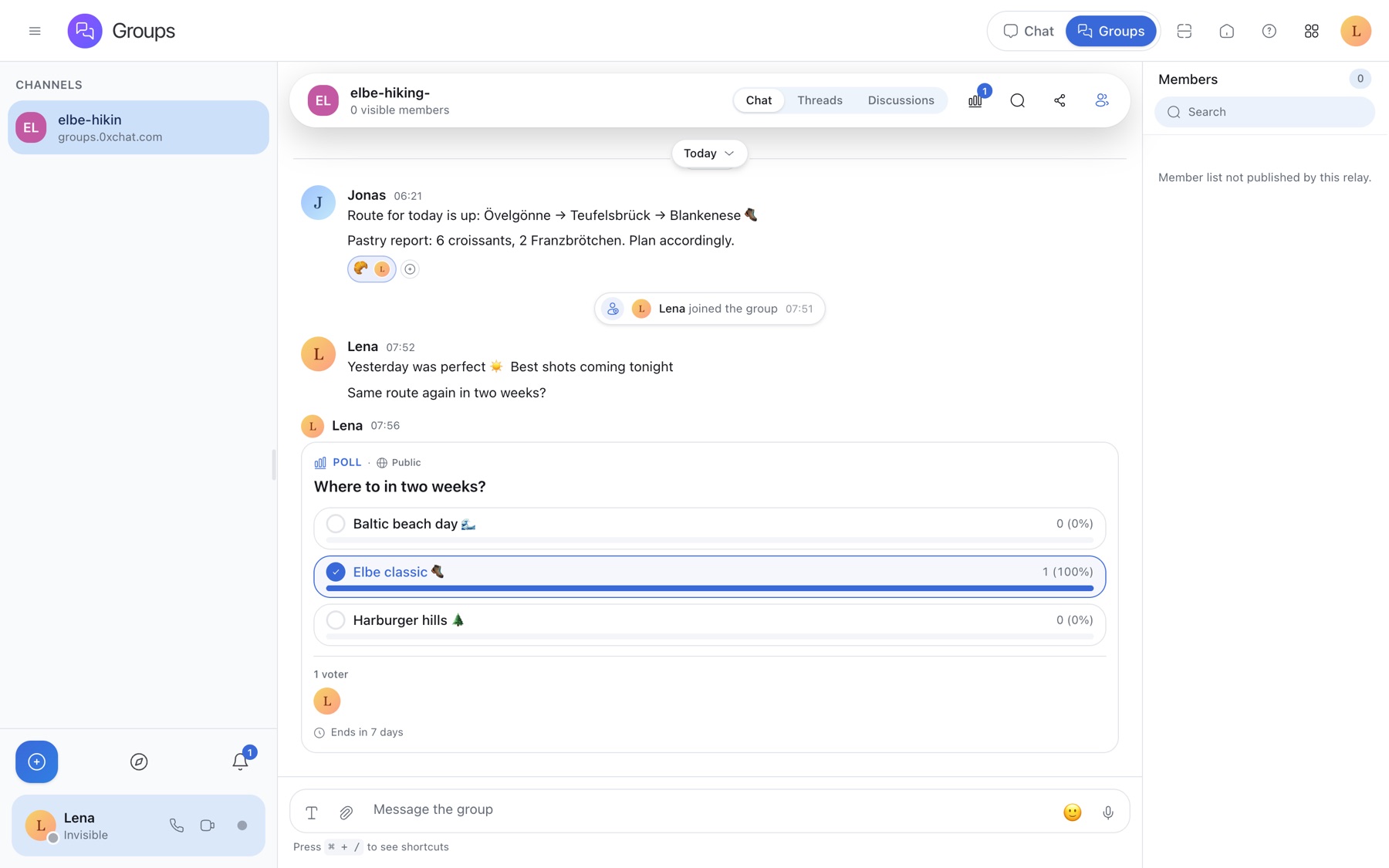 The elbe-hiking group chat with a croissant reaction, a Lena joined the group notice, and a live poll asking Where to in two weeks, with one voted option and a voter avatar.