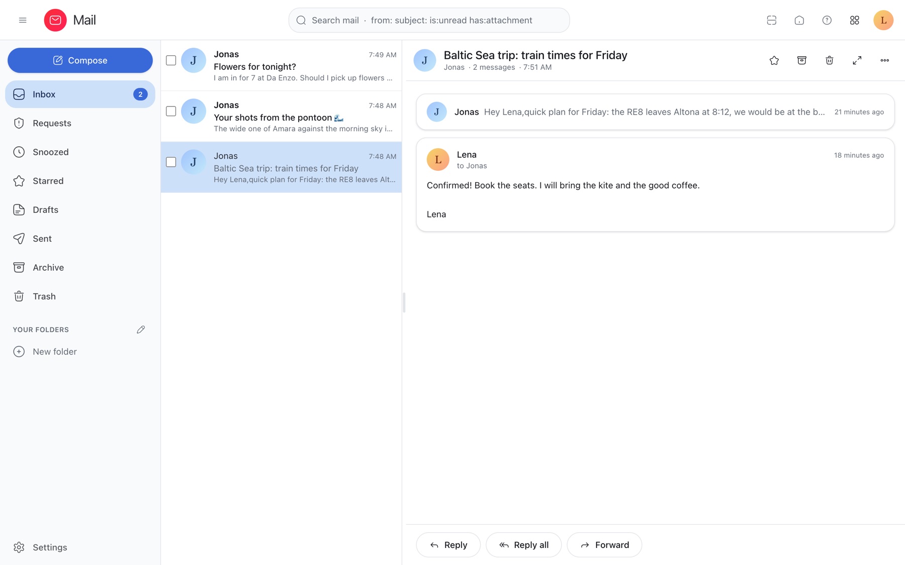 Encrypted Lotus Mail inbox with two unread messages from Jonas, and an open thread titled Baltic Sea trip, train times for Friday, with Lena's reply.