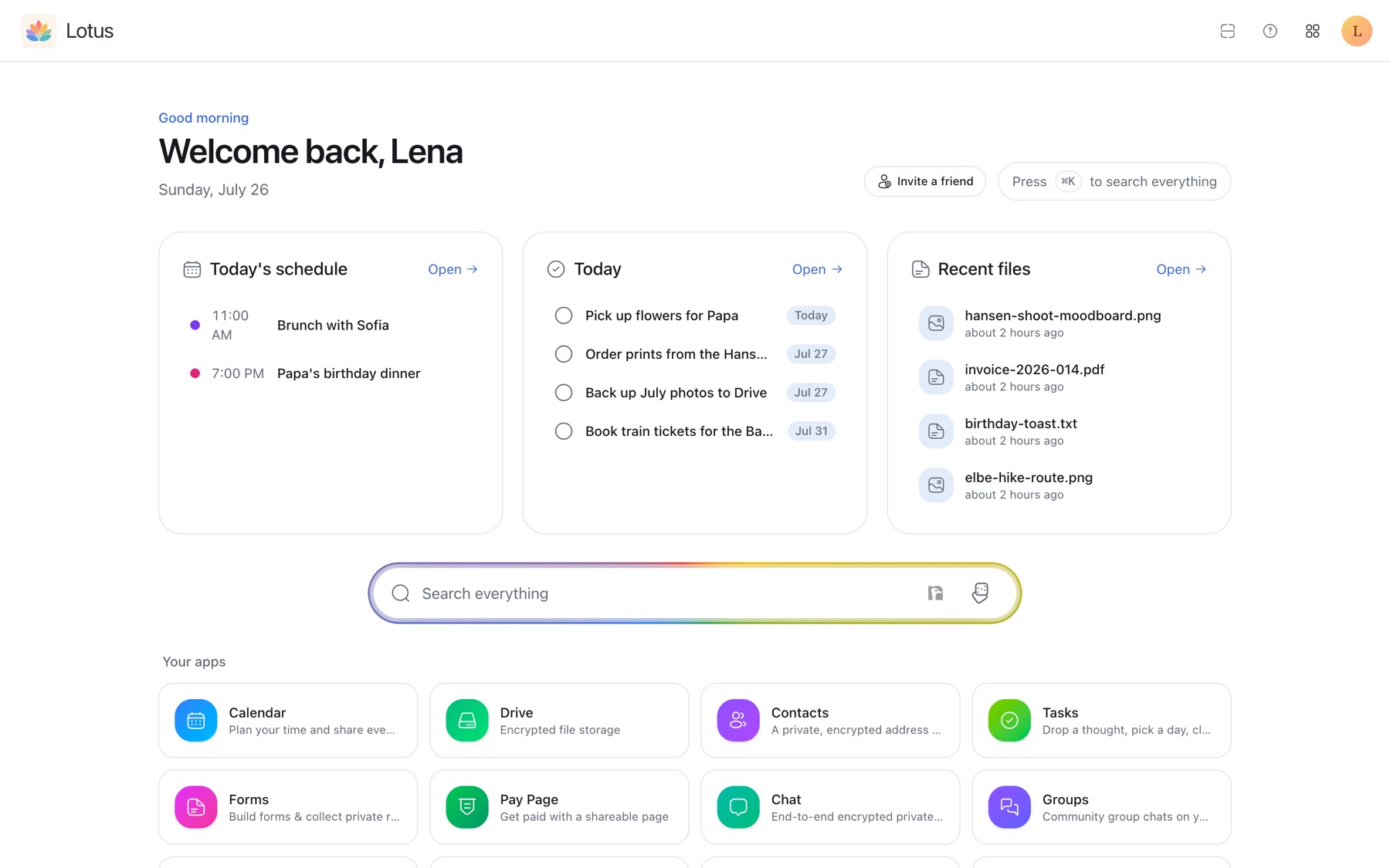 The Lotus Home dashboard on a Sunday morning, reading Good morning, Welcome back Lena, with today's schedule showing brunch with Sofia and Papa's birthday dinner, a task list, recent files and the apps grid.