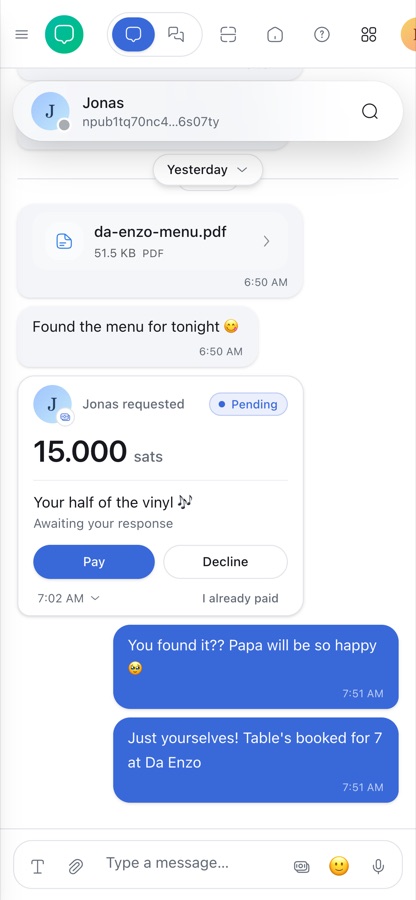 The same conversation on a phone, showing the shared PDF, the sats request and Lena's replies in blue.