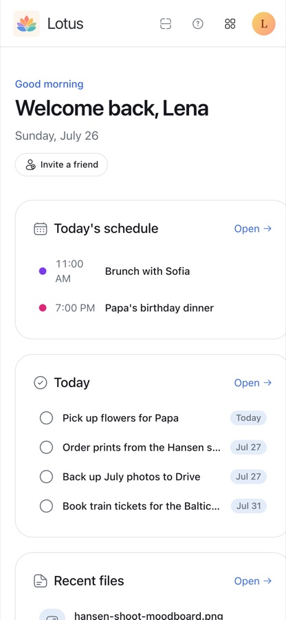 The Lotus Home screen on a phone, showing today's schedule and quick access to every app.