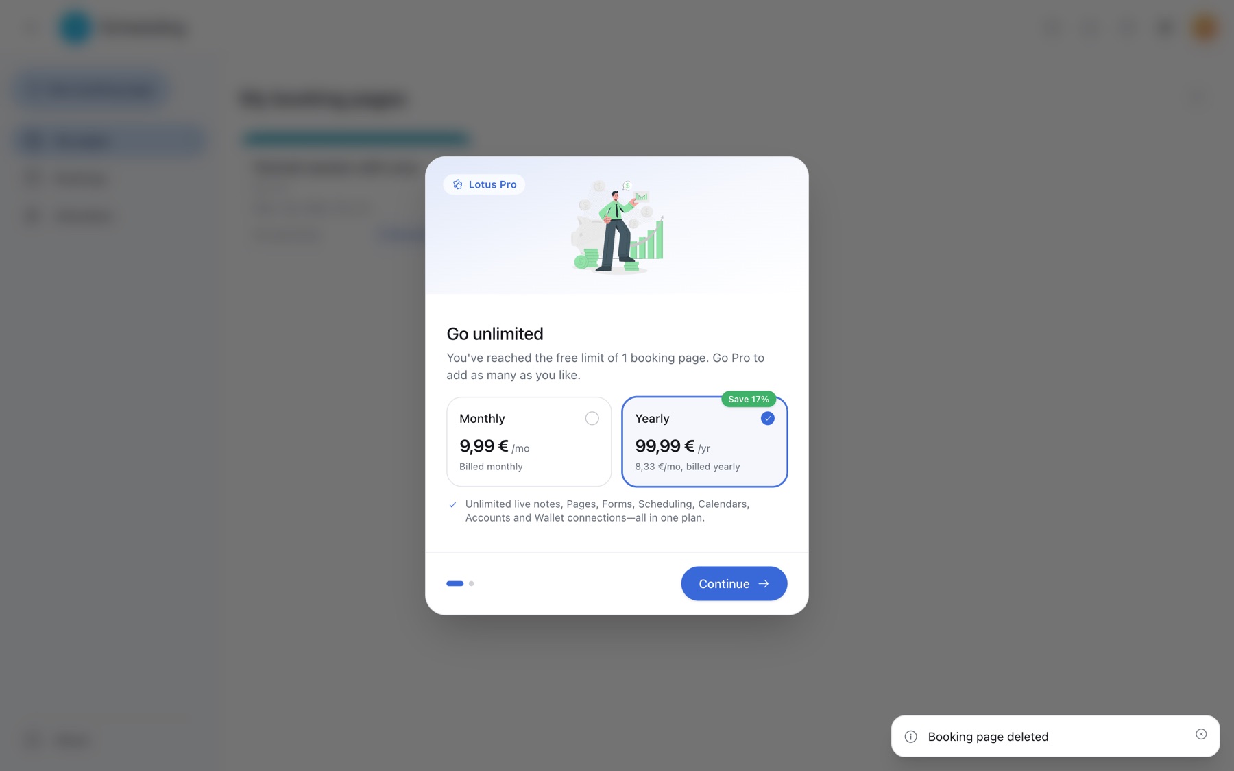The Lotus upgrade dialog reading Go unlimited, noting the free limit of one booking page has been reached, with Monthly at 9.99 euro and Yearly at 99.99 euro, saving 17 percent, as options.