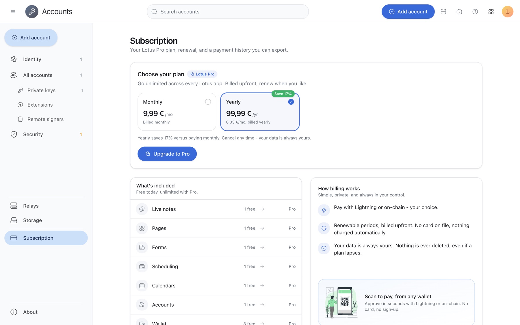 The Lotus Subscription screen with a plan chooser, a What's included comparison from free to Pro, and a How billing works panel explaining payment over Lightning or on-chain, nothing charged automatically and nothing ever deleted.